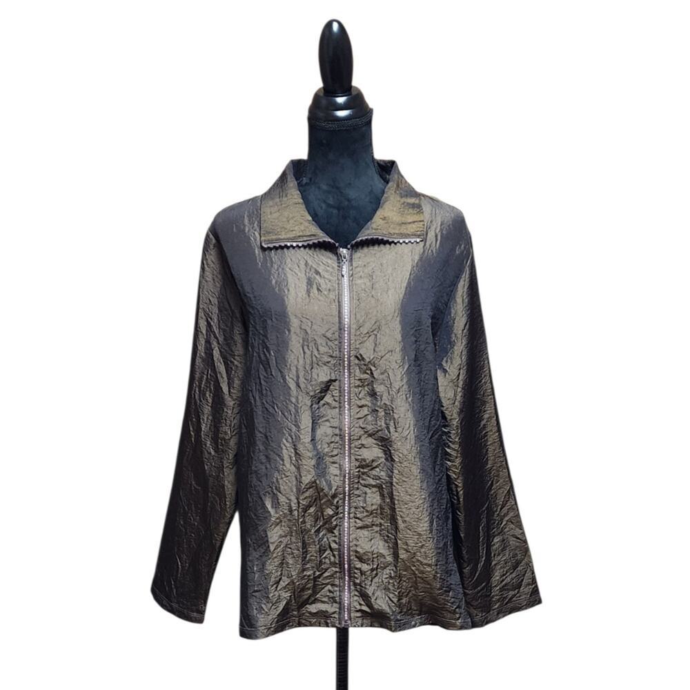 Cactus Brand Brown Crinkle Fabric Women's Rhinestone Zip Jacket Size XL USA